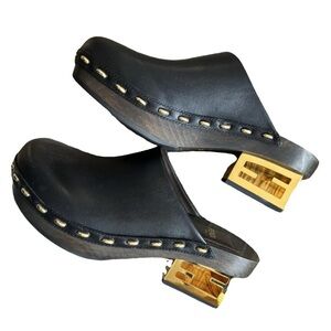 Fendi Black Leather Clogs with Gold Accents